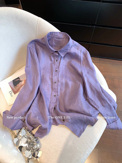 Old Money" style purple collared linen long-sleeve shirt for women—new for Early Autumn 2026; an elegant, relaxed, and effortlessly chic loose-fitting shirt.