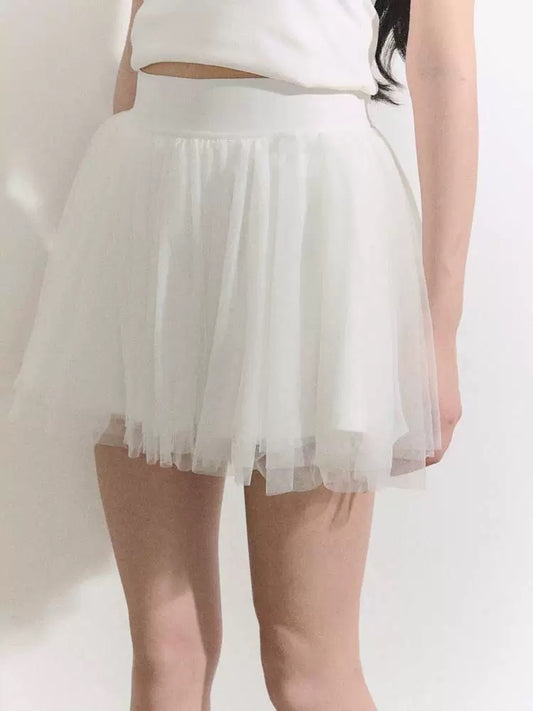 OIOI ESSE/"White Gauze" Sporty Pleated Mini Skirt for Women, Summer Versatile Tennis Girl Style Tutu Skirt