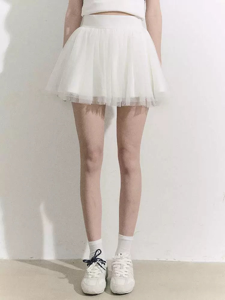 OIOI ESSE/"White Gauze" Sporty Pleated Mini Skirt for Women, Summer Versatile Tennis Girl Style Tutu Skirt