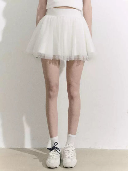 OIOI ESSE/"White Gauze" Sporty Pleated Mini Skirt for Women, Summer Versatile Tennis Girl Style Tutu Skirt