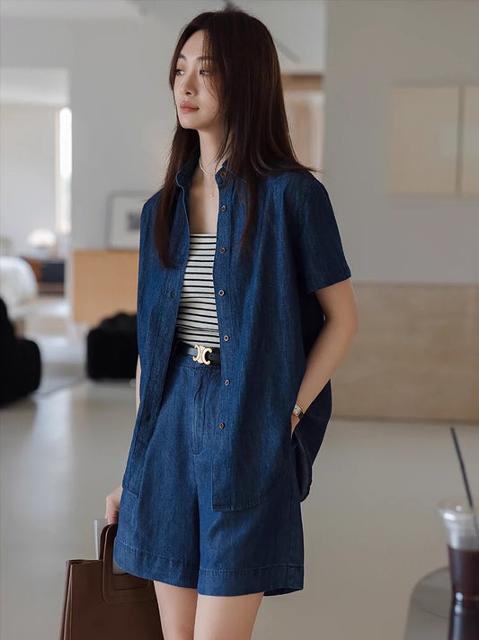 Princess's linen cotton blue denim suit for women 2024 new summer short-sleeved shirt casual shorts