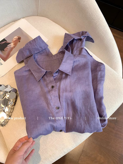 Old Money" style purple collared linen long-sleeve shirt for women—new for Early Autumn 2026; an elegant, relaxed, and effortlessly chic loose-fitting shirt.