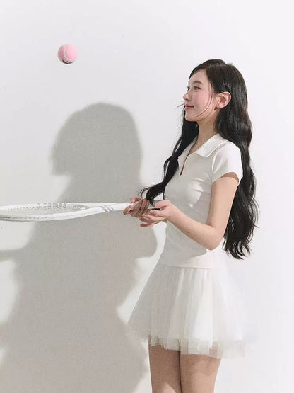 OIOI ESSE/"White Gauze" Sporty Pleated Mini Skirt for Women, Summer Versatile Tennis Girl Style Tutu Skirt