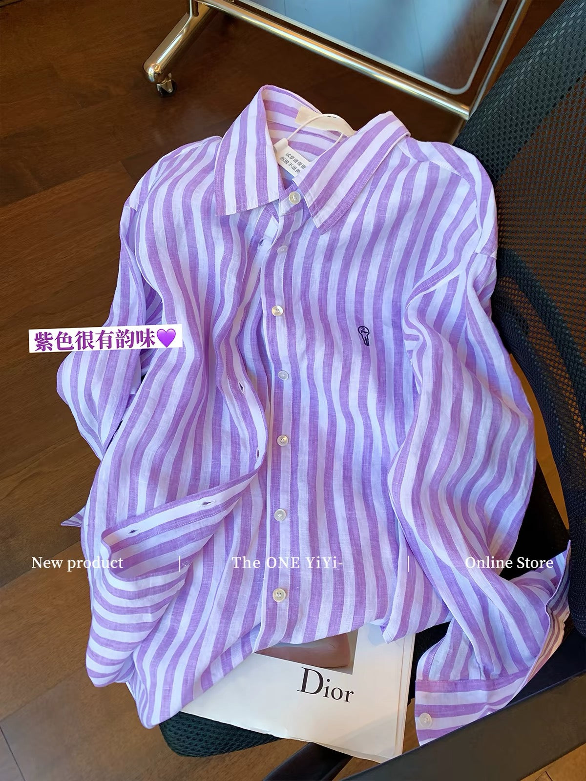 Old Money" Style Purple Striped Cotton-Linen Shirt for Women – Early Autumn 2026 New Arrival: Sophisticated, Relaxed, and Slimming Loose-Fit Shirt