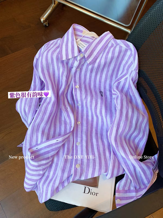 Old Money" Style Purple Striped Cotton-Linen Shirt for Women – Early Autumn 2026 New Arrival: Sophisticated, Relaxed, and Slimming Loose-Fit Shirt