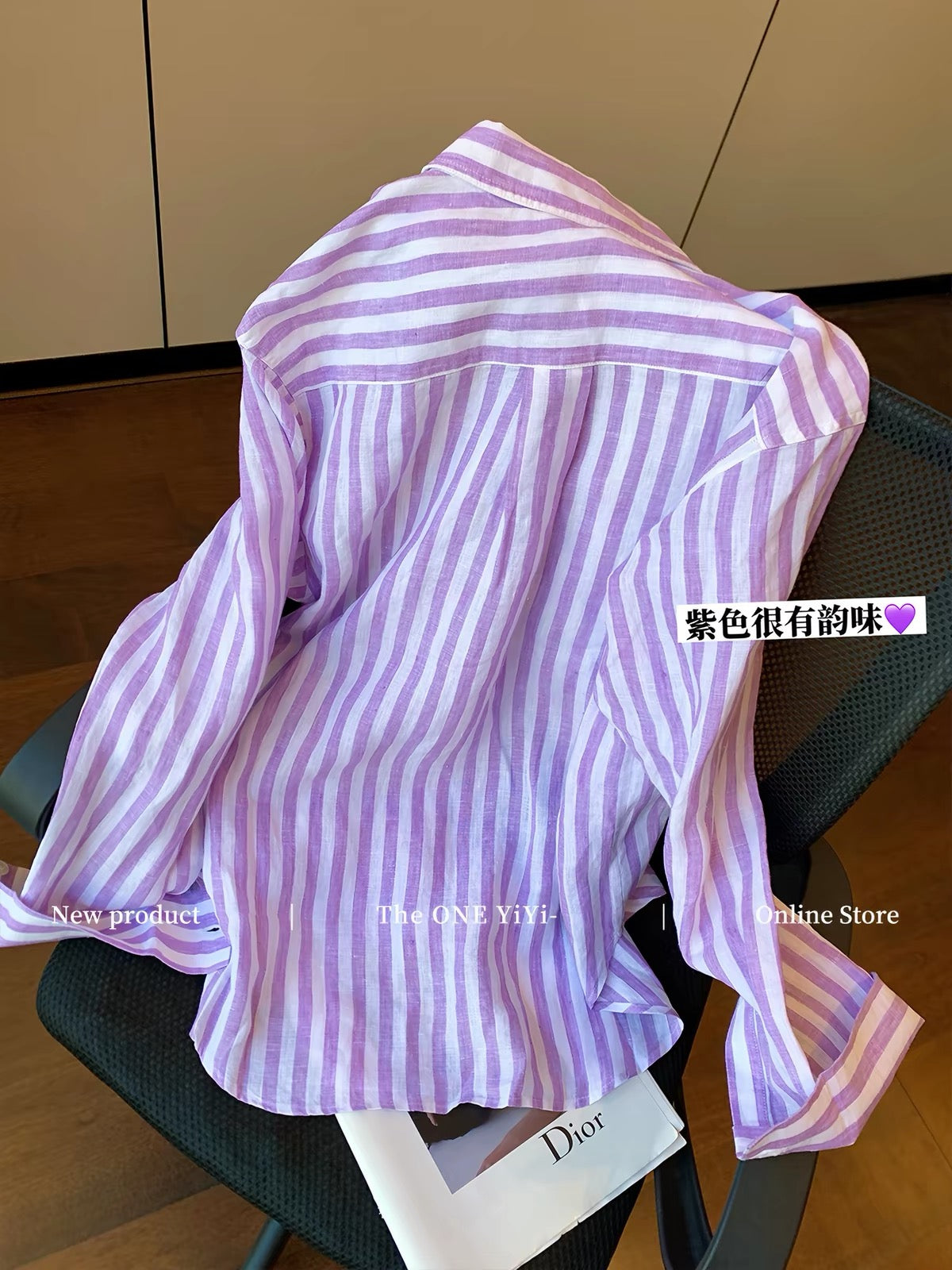 Old Money" Style Purple Striped Cotton-Linen Shirt for Women – Early Autumn 2026 New Arrival: Sophisticated, Relaxed, and Slimming Loose-Fit Shirt