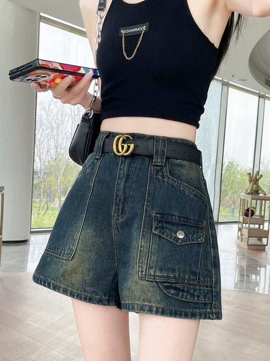 Retro denim shorts for women petite 2025 summer thin loose slimming all-match straight hot girl a-line hot pants