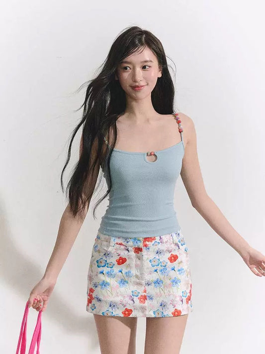 OIOI ESSE/"Seaside Breeze" Thin Strap Strap Padless Tank Top for Women, Summer Backless Colorful Beaded Halter Neck