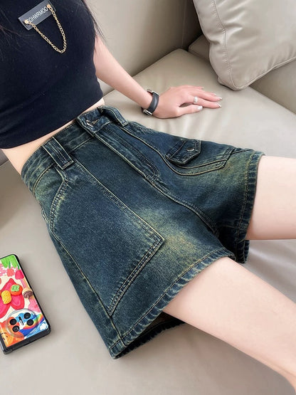 Retro denim shorts for women petite 2025 summer thin loose slimming all-match straight hot girl a-line hot pants