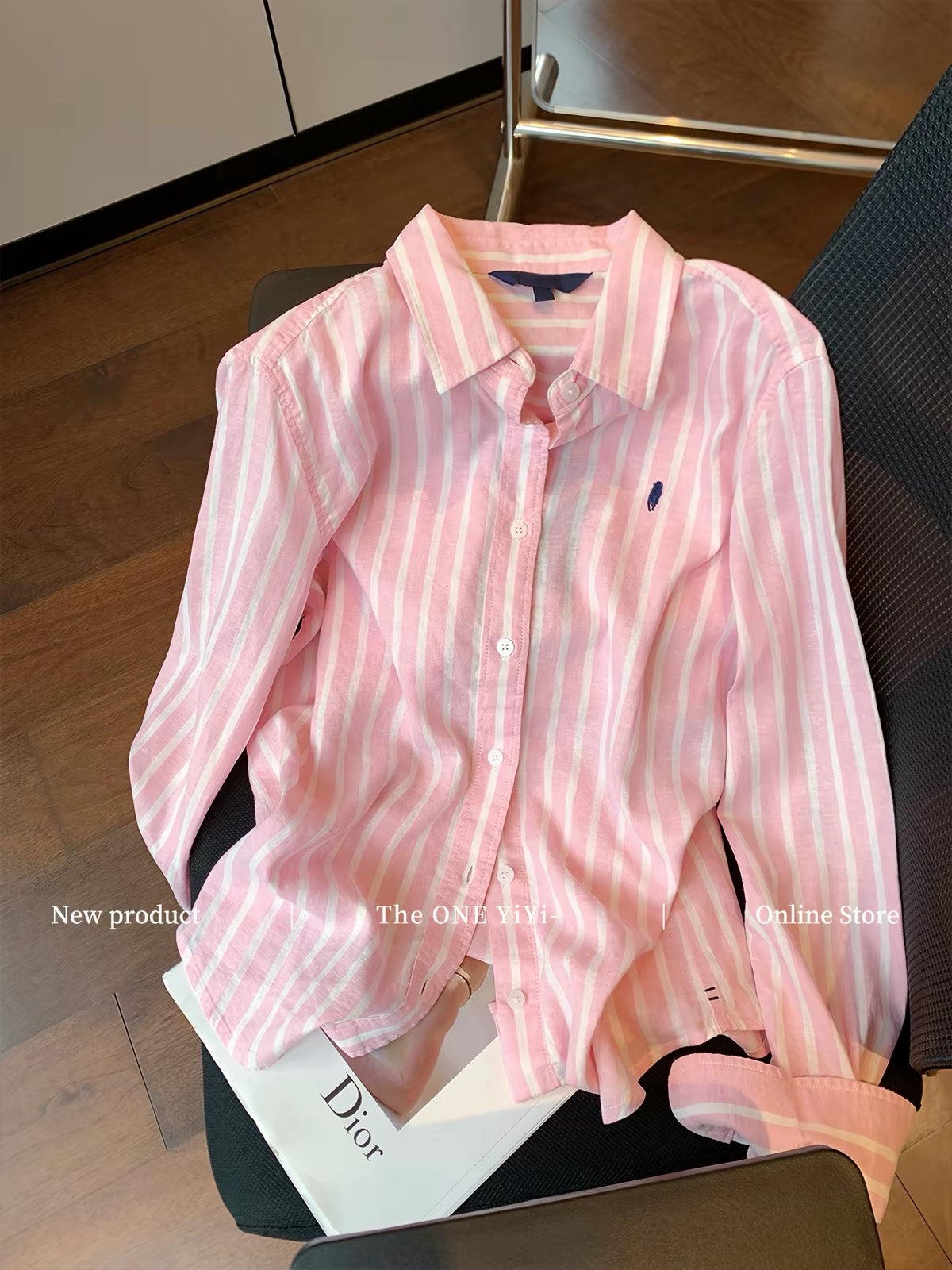 Women's Pink "Old Money" Style Striped Embroidered Cotton-Linen Shirt – 2026 Early Autumn New Arrival: Sophisticated, Slimming, Chic, and Casual