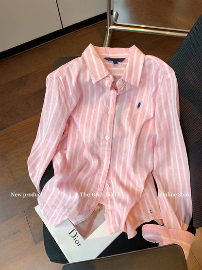 Women's Pink "Old Money" Style Striped Embroidered Cotton-Linen Shirt – 2026 Early Autumn New Arrival: Sophisticated, Slimming, Chic, and Casual