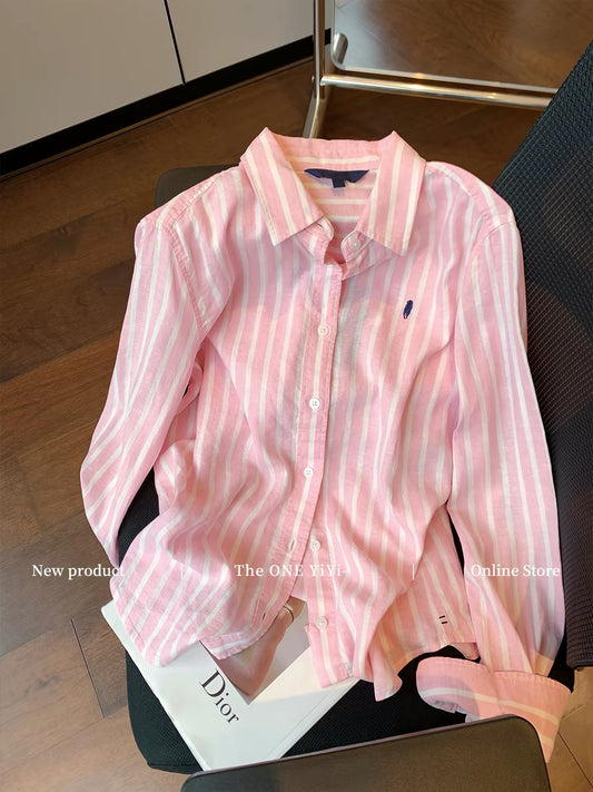 Women's Pink "Old Money" Style Striped Embroidered Cotton-Linen Shirt – 2026 Early Autumn New Arrival: Sophisticated, Slimming, Chic, and Casual