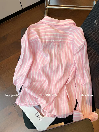 Women's Pink "Old Money" Style Striped Embroidered Cotton-Linen Shirt – 2026 Early Autumn New Arrival: Sophisticated, Slimming, Chic, and Casual