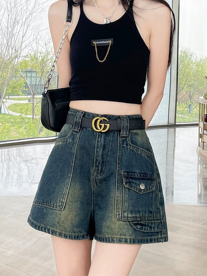 Retro denim shorts for women petite 2025 summer thin loose slimming all-match straight hot girl a-line hot pants