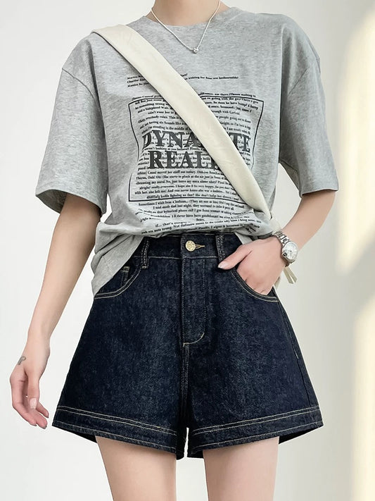 Dark blue high waist denim shorts women's summer thin 2025 new loose elastic slim a-line wide leg hot pants