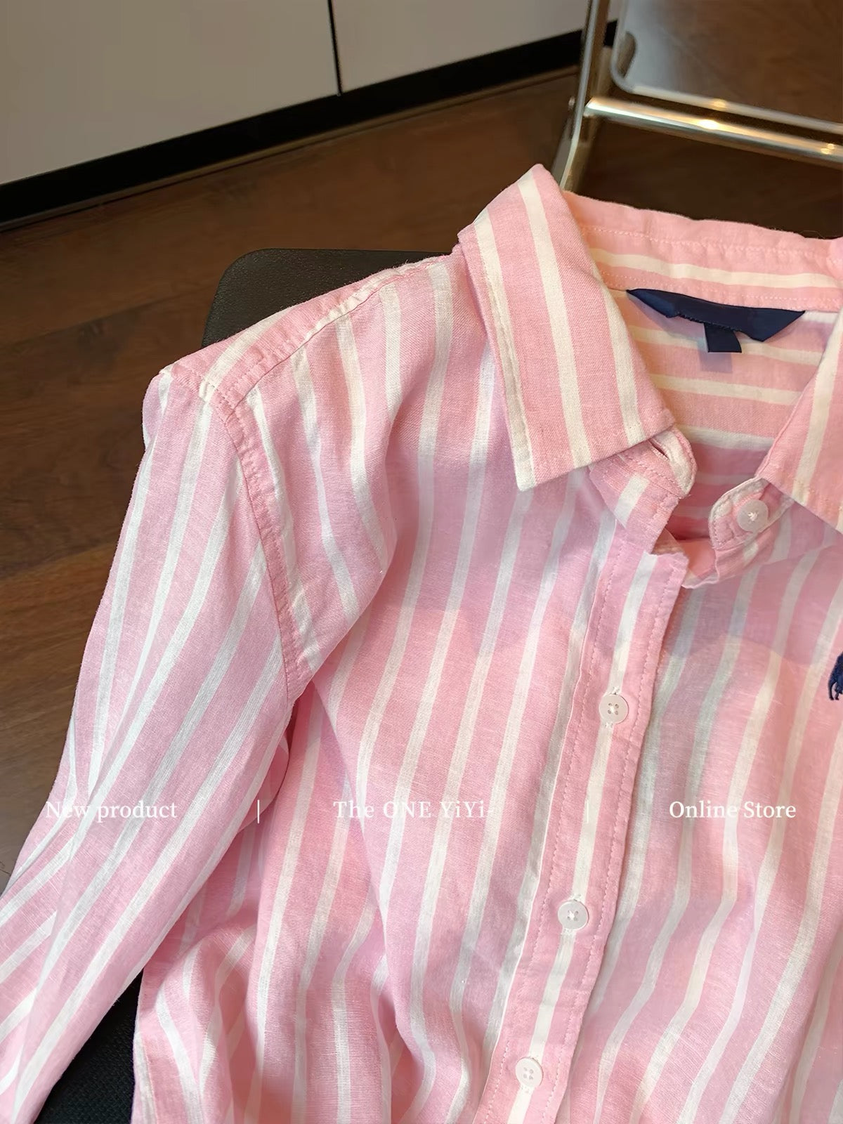 Women's Pink "Old Money" Style Striped Embroidered Cotton-Linen Shirt – 2026 Early Autumn New Arrival: Sophisticated, Slimming, Chic, and Casual