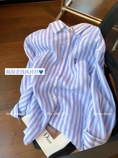 Old Money" Style Blue Striped Cotton-Linen Shirt for Women – New for Autumn 2026: Loose, Slimming, Effortlessly Chic, and Sophisticated
