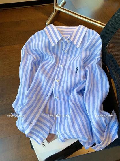 Old Money" Style Blue Striped Cotton-Linen Shirt for Women – New for Autumn 2026: Loose, Slimming, Effortlessly Chic, and Sophisticated