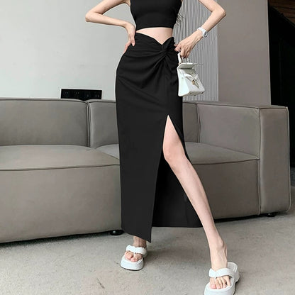Design pleated high waist slit skirt women's summer retro mid-length A-line hip skirt khaki skirt