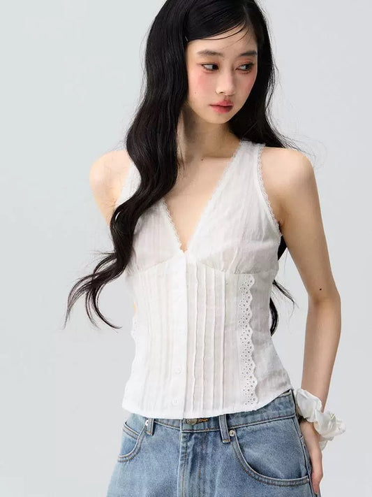 OIOI ESSE V-neck sleeveless white lace-trimmed camisole for women, new summer style, elegant and slimming.
