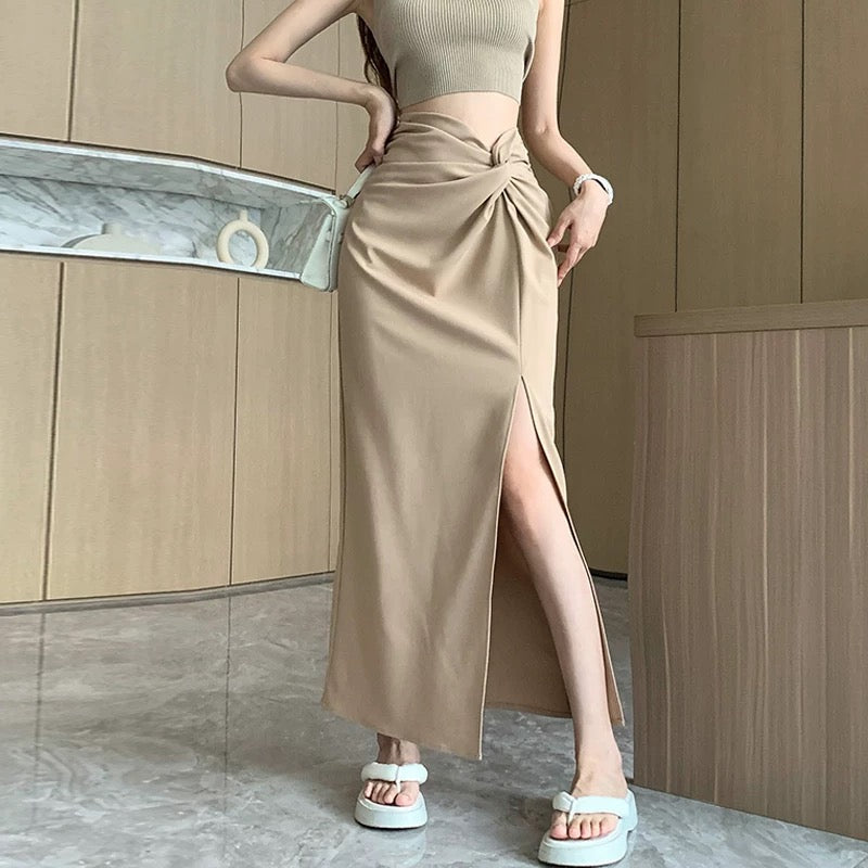 Design pleated high waist slit skirt women's summer retro mid-length A-line hip skirt khaki skirt