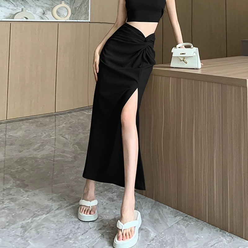 Design pleated high waist slit skirt women's summer retro mid-length A-line hip skirt khaki skirt