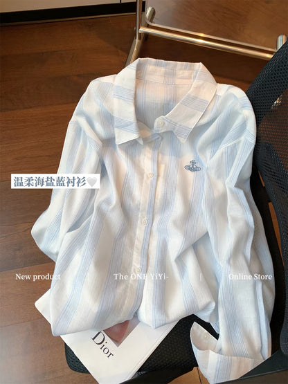 Women's Sea Salt Blue Cotton-Linen Shirt with Saturn Embroidery – Autumn 2026 New Arrival: Loose, Relaxed-Fit, Slimming Sun-Protection Shirt