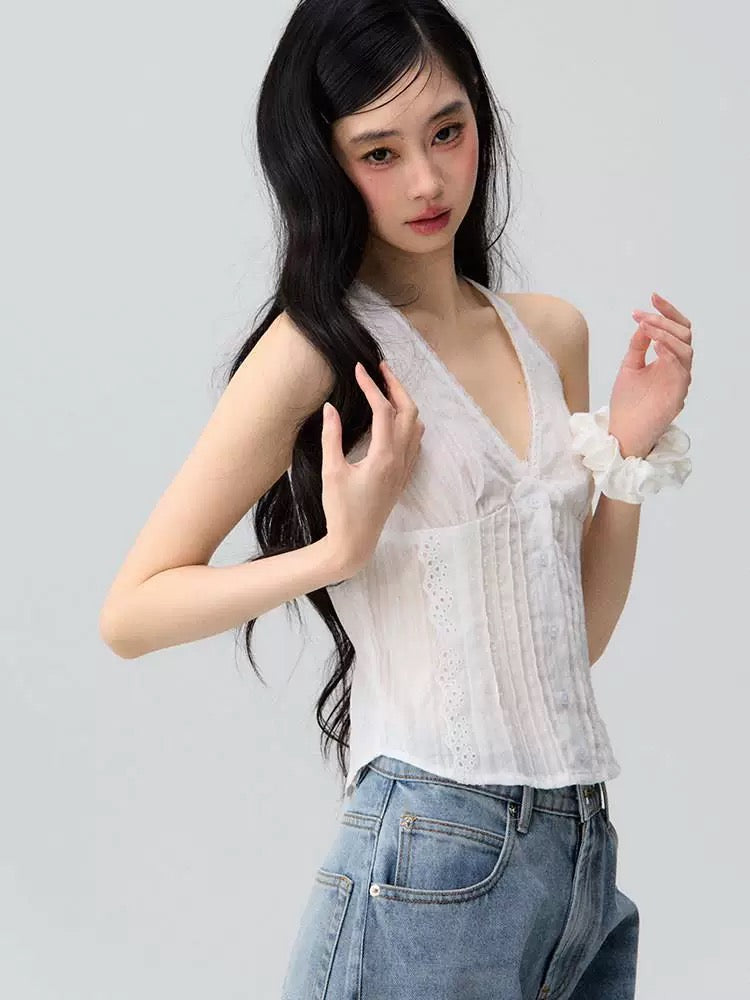 OIOI ESSE V-neck sleeveless white lace-trimmed camisole for women, new summer style, elegant and slimming.