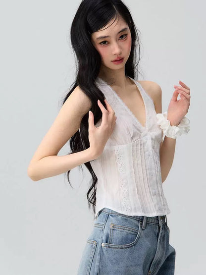 OIOI ESSE V-neck sleeveless white lace-trimmed camisole for women, new summer style, elegant and slimming.