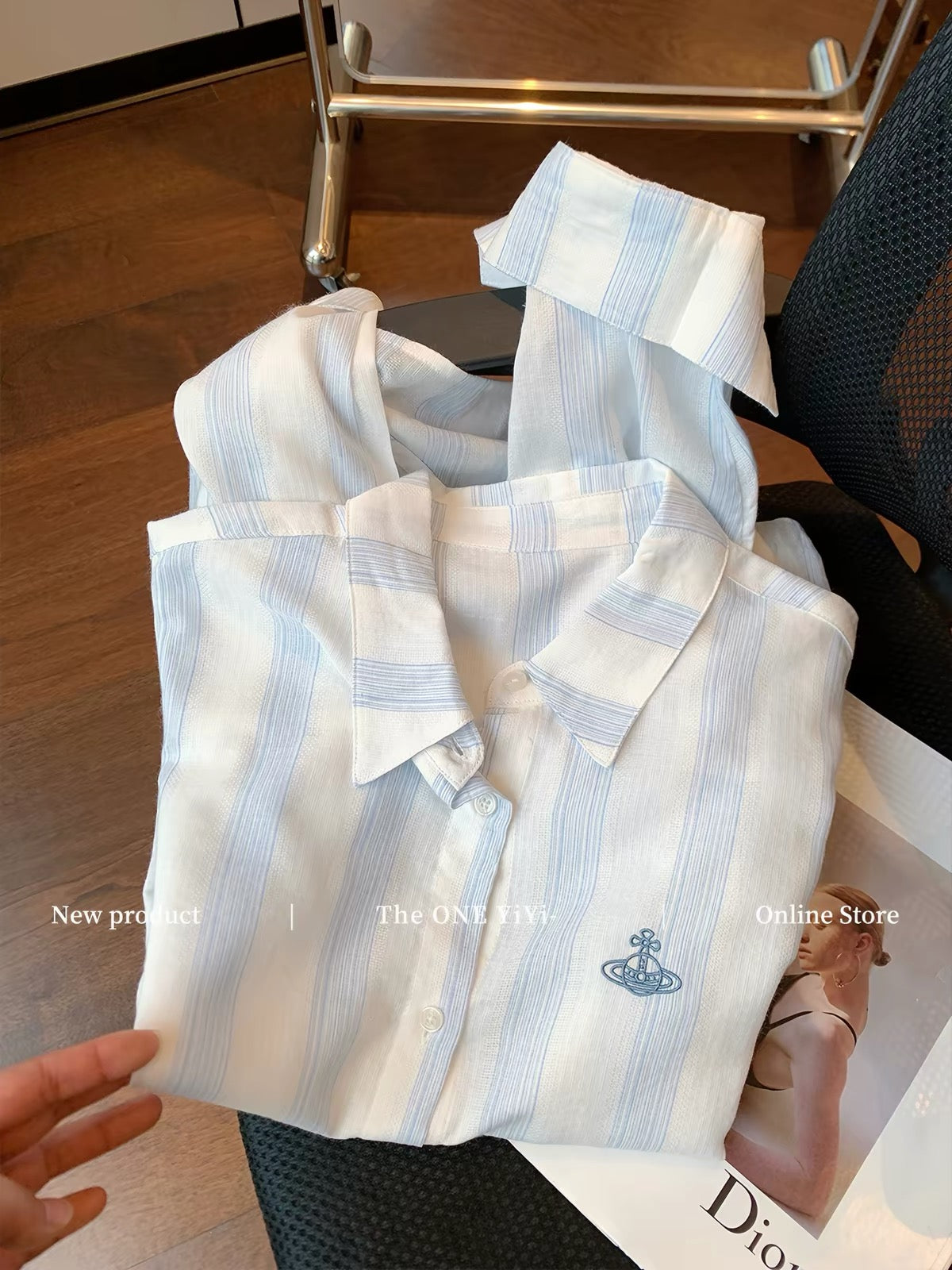 Women's Sea Salt Blue Cotton-Linen Shirt with Saturn Embroidery – Autumn 2026 New Arrival: Loose, Relaxed-Fit, Slimming Sun-Protection Shirt