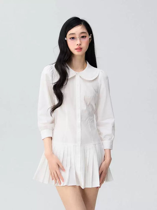 OIOI ESSE Spring/Summer New Arrival: Three-Quarter Sleeve White Floral Shirt-Style Pleated Dress with Buttons