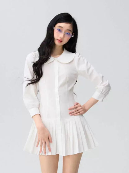 OIOI ESSE Spring/Summer New Arrival: Three-Quarter Sleeve White Floral Shirt-Style Pleated Dress with Buttons