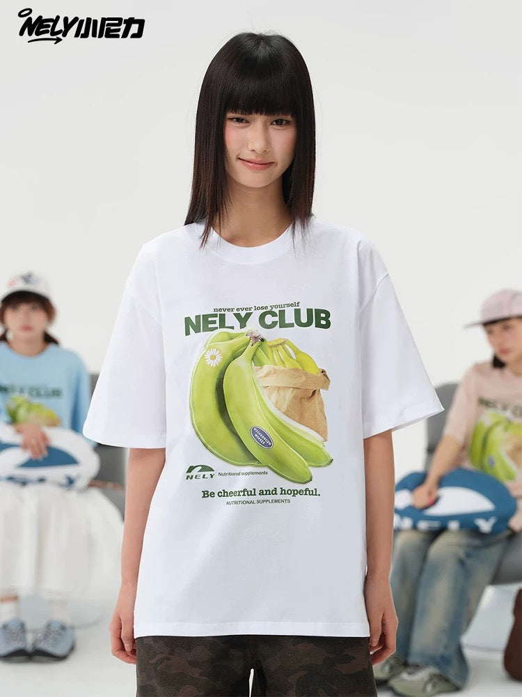 NELY Little Nili National Tide Brand Niche Interesting Banana Print Loose Short Sleeve Summer Cotton American Men and Women T-shirt