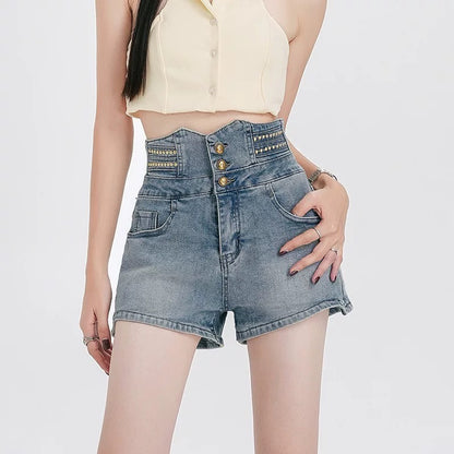 Design beaded button pants American irregular denim shorts women's summer high waist a-line hip hot pants