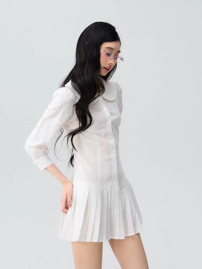 OIOI ESSE Spring/Summer New Arrival: Three-Quarter Sleeve White Floral Shirt-Style Pleated Dress with Buttons