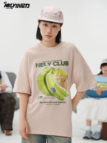 NELY Little Nili National Tide Brand Niche Interesting Banana Print Loose Short Sleeve Summer Cotton American Men and Women T-shirt