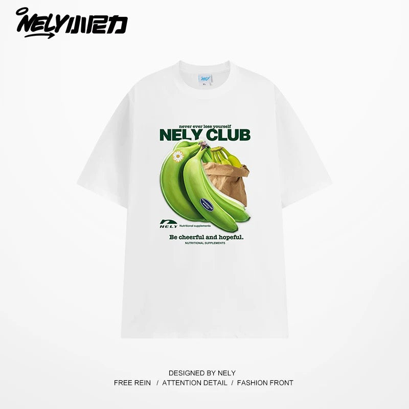 NELY Little Nili National Tide Brand Niche Interesting Banana Print Loose Short Sleeve Summer Cotton American Men and Women T-shirt