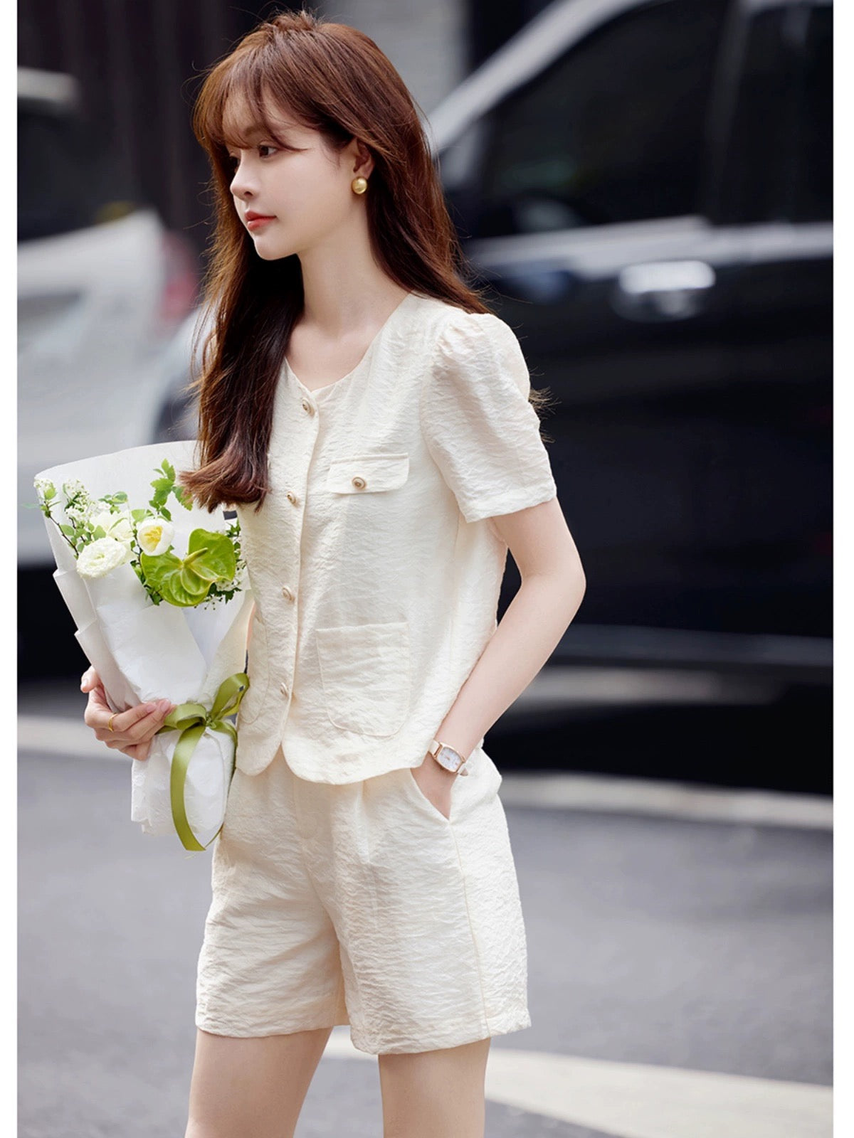 Mohan Yimei's elegant and elegant short-sleeved shorts suit 2024 summer new versatile fashion suit for women