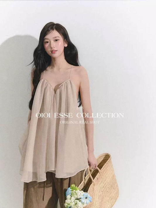 OIOI ESSE / "Romantic Moments" Vacation Style Deep V-Neck Flowy Sheer Camisole Women's Summer Backless Top