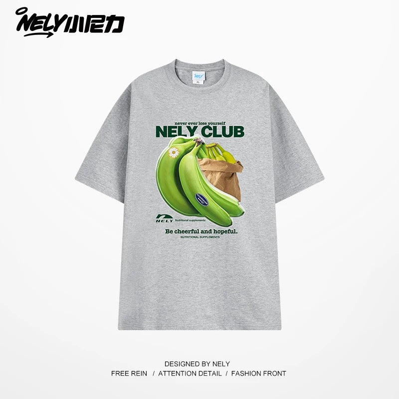NELY Little Nili National Tide Brand Niche Interesting Banana Print Loose Short Sleeve Summer Cotton American Men and Women T-shirt