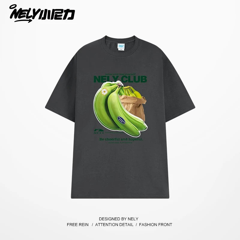 NELY Little Nili National Tide Brand Niche Interesting Banana Print Loose Short Sleeve Summer Cotton American Men and Women T-shirt