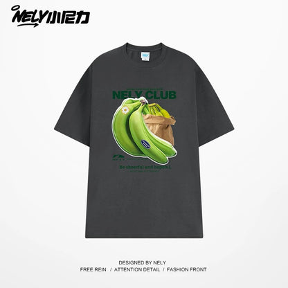 NELY Little Nili National Tide Brand Niche Interesting Banana Print Loose Short Sleeve Summer Cotton American Men and Women T-shirt