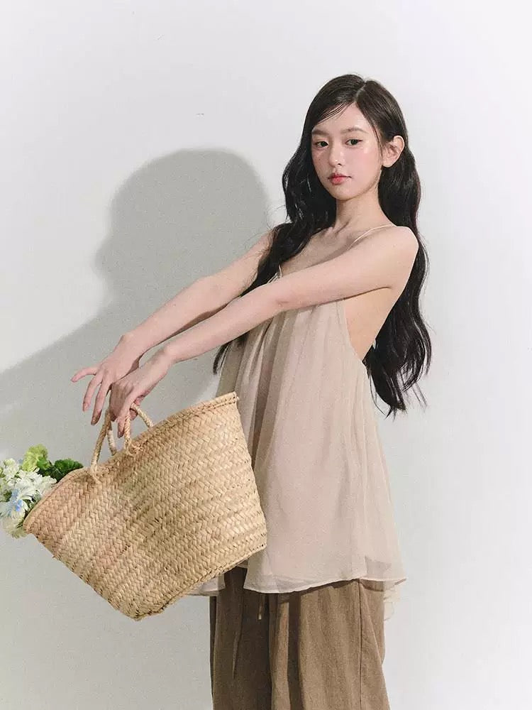 OIOI ESSE / "Romantic Moments" Vacation Style Deep V-Neck Flowy Sheer Camisole Women's Summer Backless Top