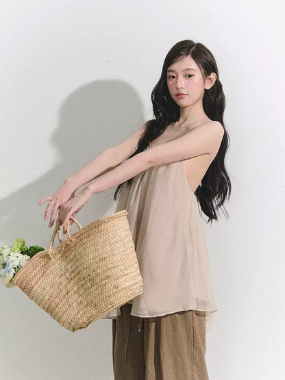 OIOI ESSE / "Romantic Moments" Vacation Style Deep V-Neck Flowy Sheer Camisole Women's Summer Backless Top
