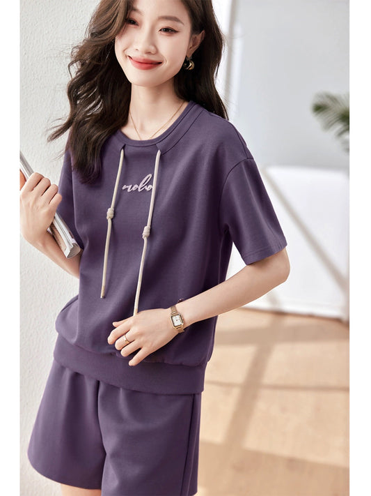 Mohan Yimei contrast color toothbrush embroidery fashion suit 2023 summer new short-sleeved T-shirt casual two-piece set for women