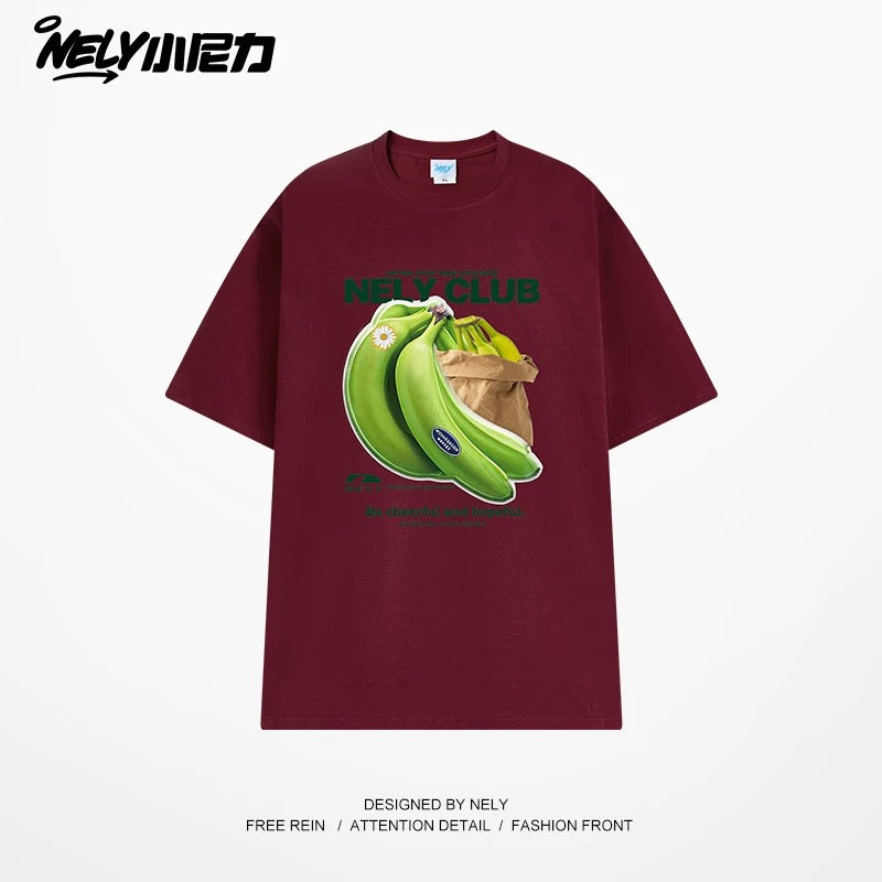 NELY Little Nili National Tide Brand Niche Interesting Banana Print Loose Short Sleeve Summer Cotton American Men and Women T-shirt