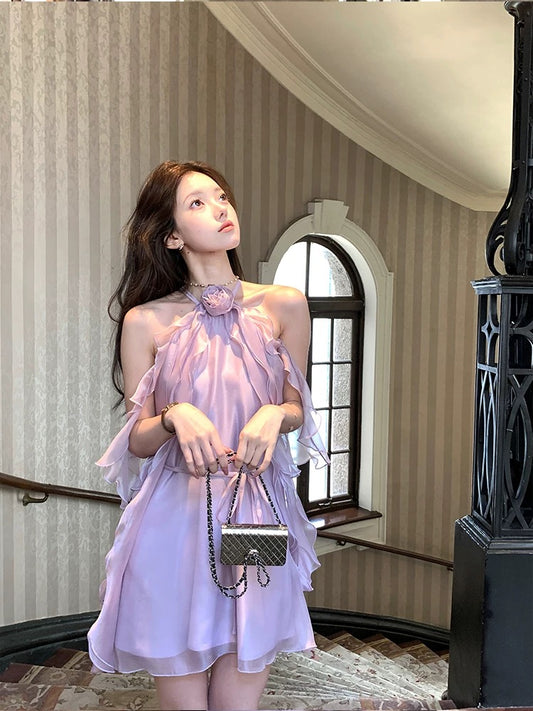 Acaine Purple Mid-Length Ruffled Halter Neck Off-Shoulder Dress, Summer French Style Dress