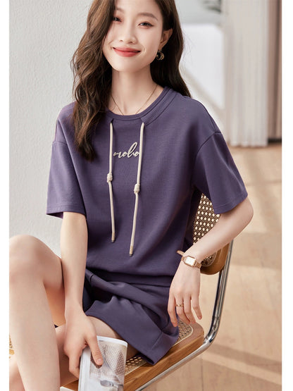 Mohan Yimei contrast color toothbrush embroidery fashion suit 2023 summer new short-sleeved T-shirt casual two-piece set for women