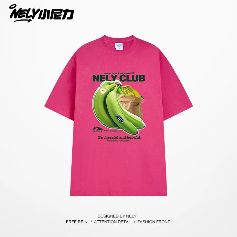 NELY Little Nili National Tide Brand Niche Interesting Banana Print Loose Short Sleeve Summer Cotton American Men and Women T-shirt