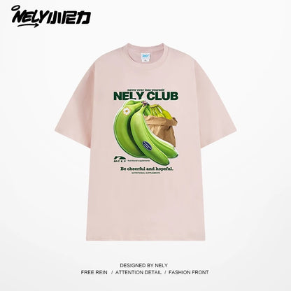 NELY Little Nili National Tide Brand Niche Interesting Banana Print Loose Short Sleeve Summer Cotton American Men and Women T-shirt